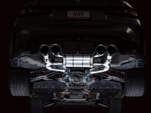 BMW M3 Performance Exhaust - AWE Tuning - SwitchPath Cat-Back, dual 3 in piping, quad 4.5 in double-walled slash-cut tips, valve-controlled with 180 Technology, 50-state emissions compliant - Chrome Silver Tips - `21-`27